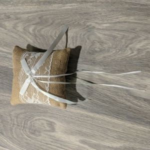 Ring bearer pillow burlap with white satin bow and strings